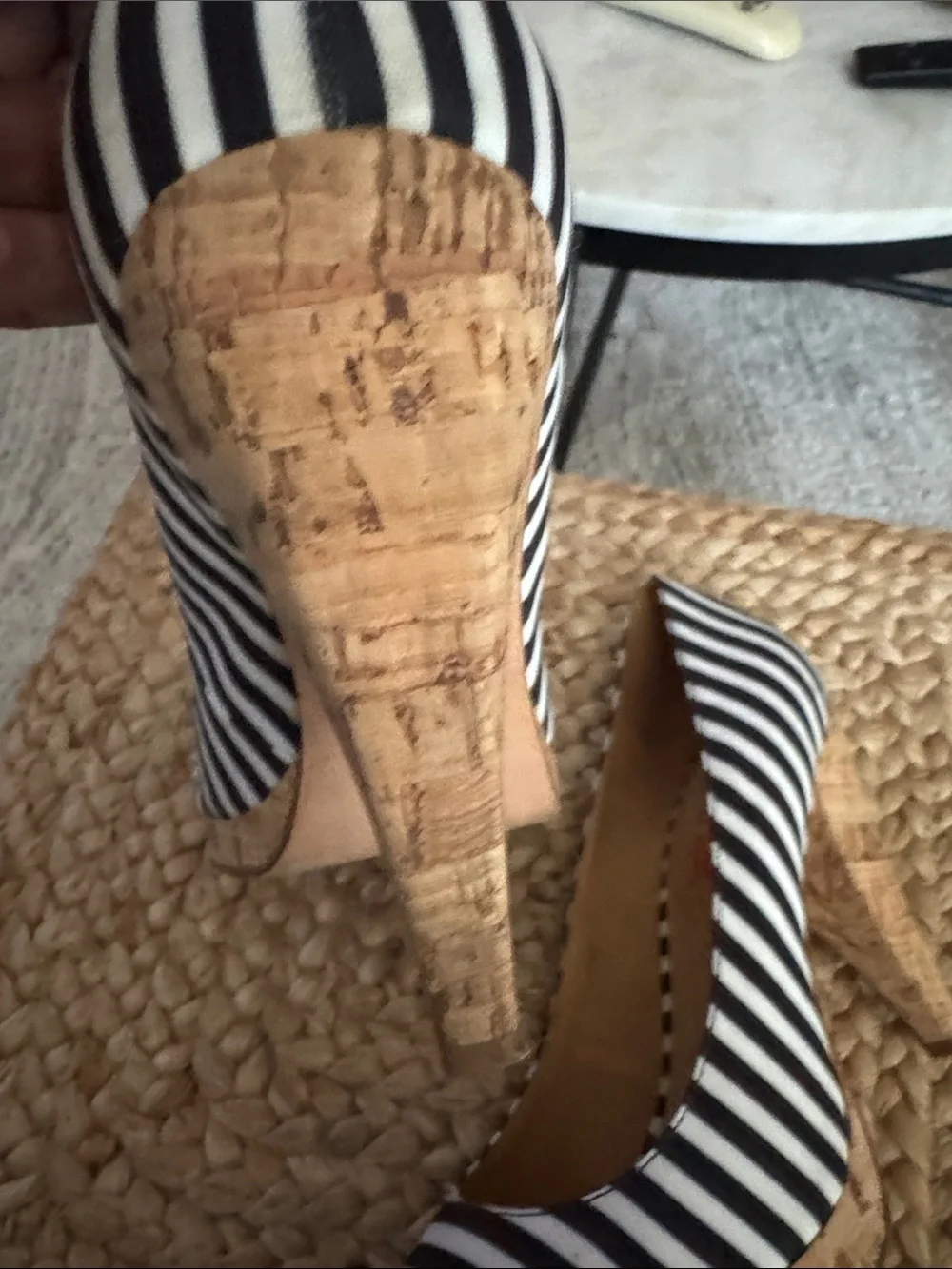 Michael Kors Navy Blue and White Striped Peep-Toe cork heels